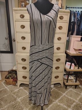 Tribal Black & White Striped V-Neck Maxi Dress